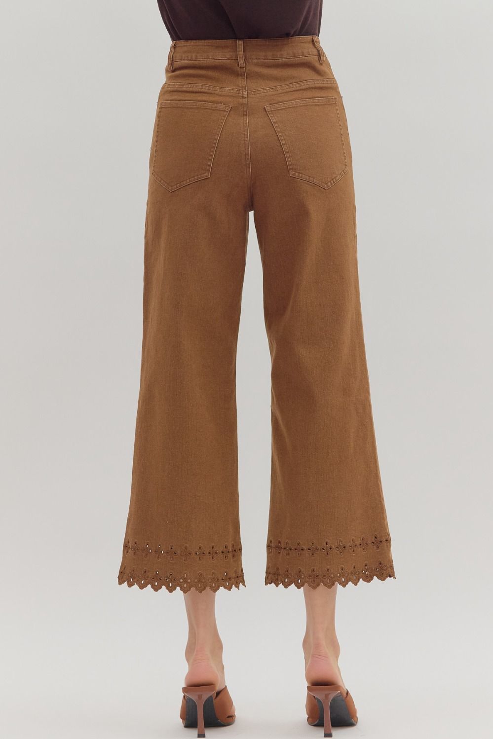 P26396 Floral Embroidered Border Hem Pants