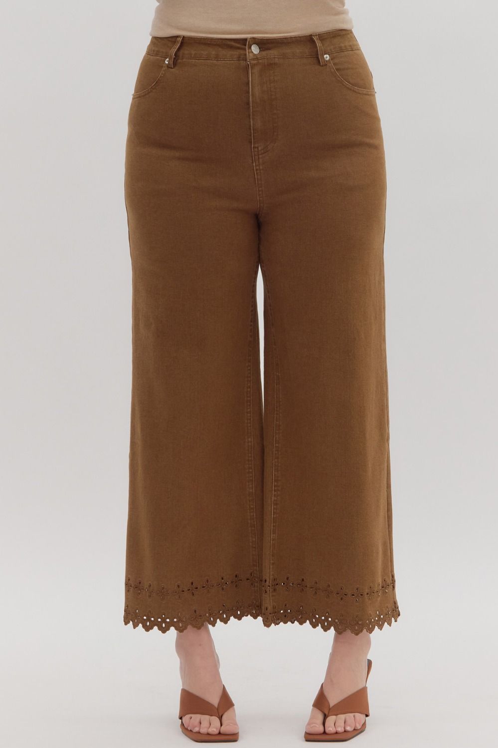 P26396P Curvy Floral Embroidered Border Hem Pants