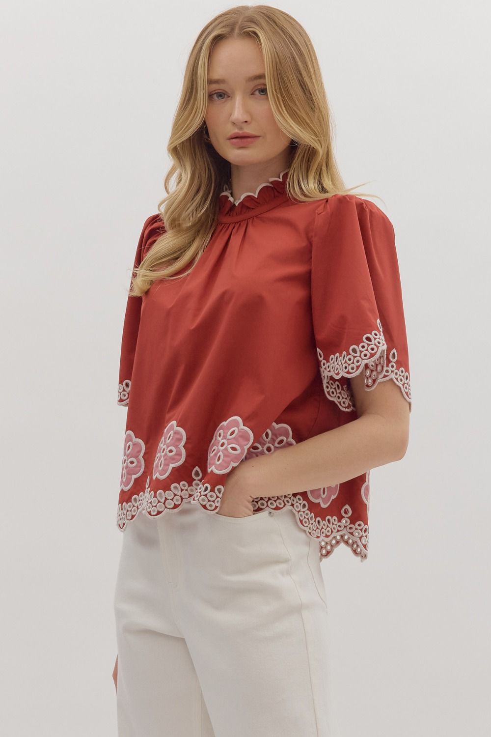 T28433 Floral Embroidery Top
