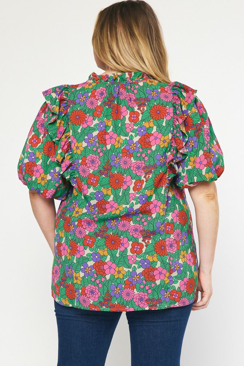 T21322P Curvy Floral Print V-Neck Top