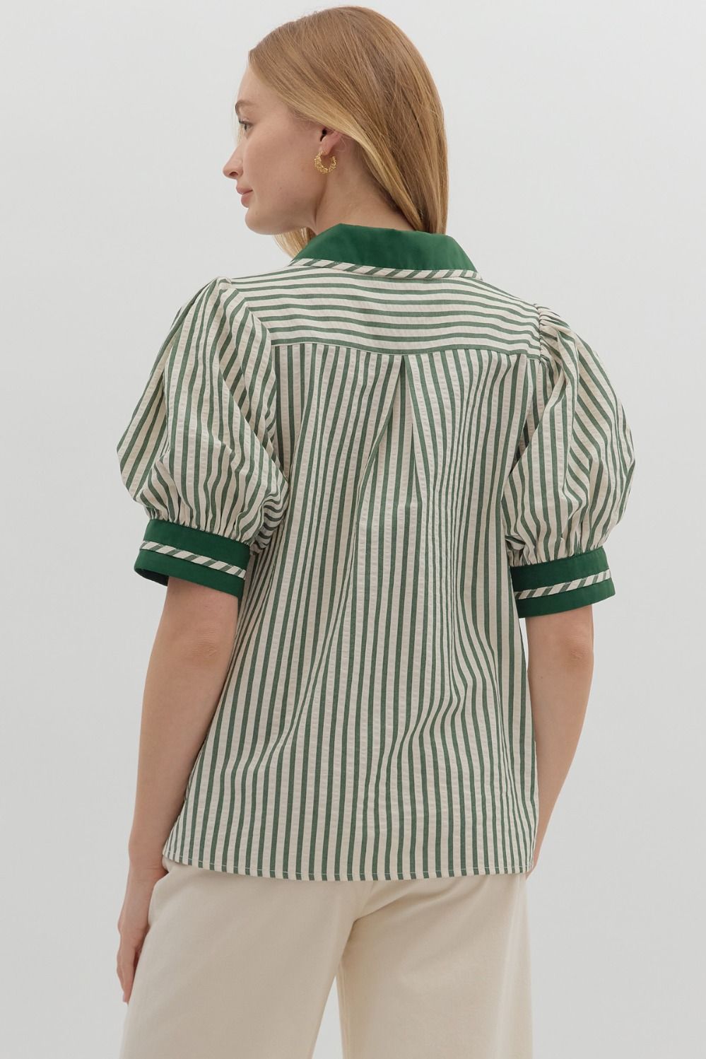 T27102 Stripe Pattern Puff Sleeve Top