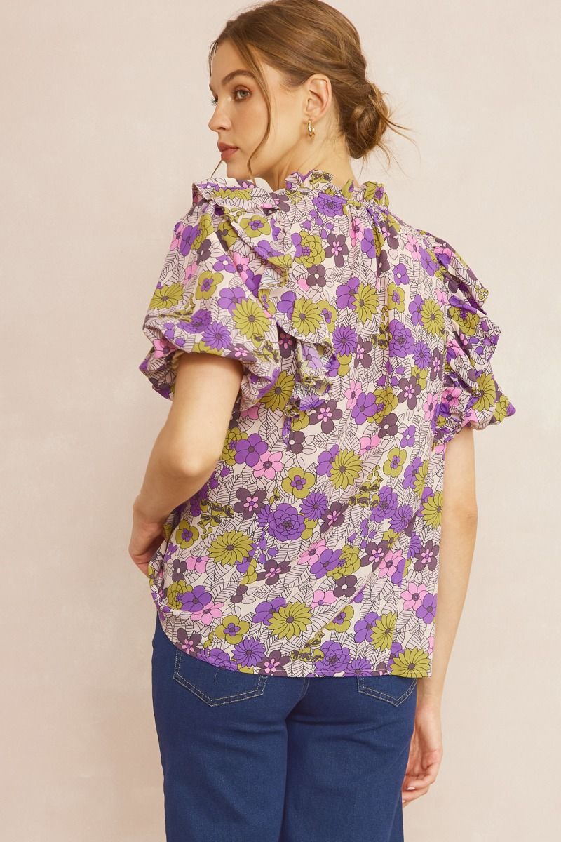 T21322 Floral Print V-Neck Top