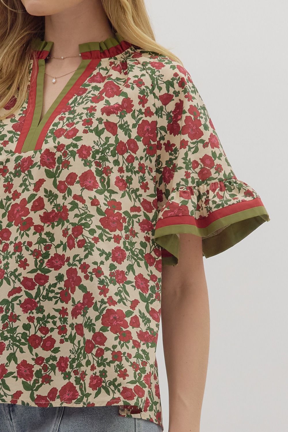 T28016 Floral Print Short Ruffle Sleeve Top