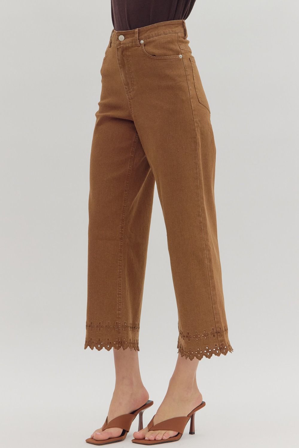 P26396 Floral Embroidered Border Hem Pants