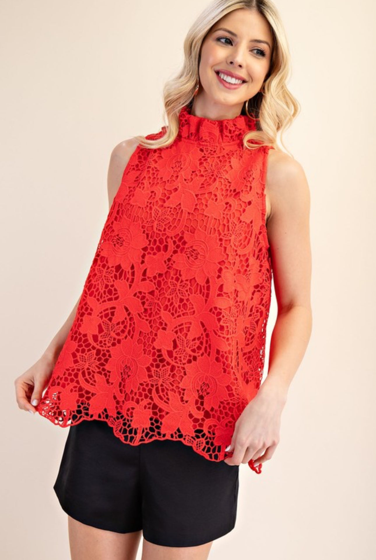 GT6642 Ruffle Neck Sleeveless Lace Top