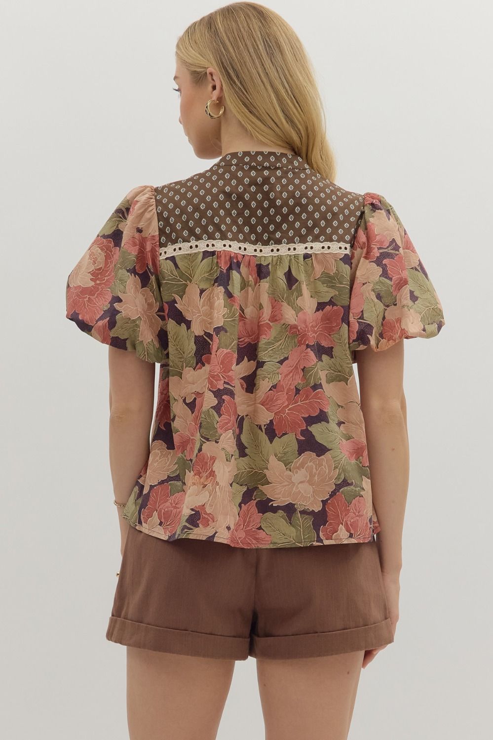 T28196 Floral Pattern Bubble Sleeve Top