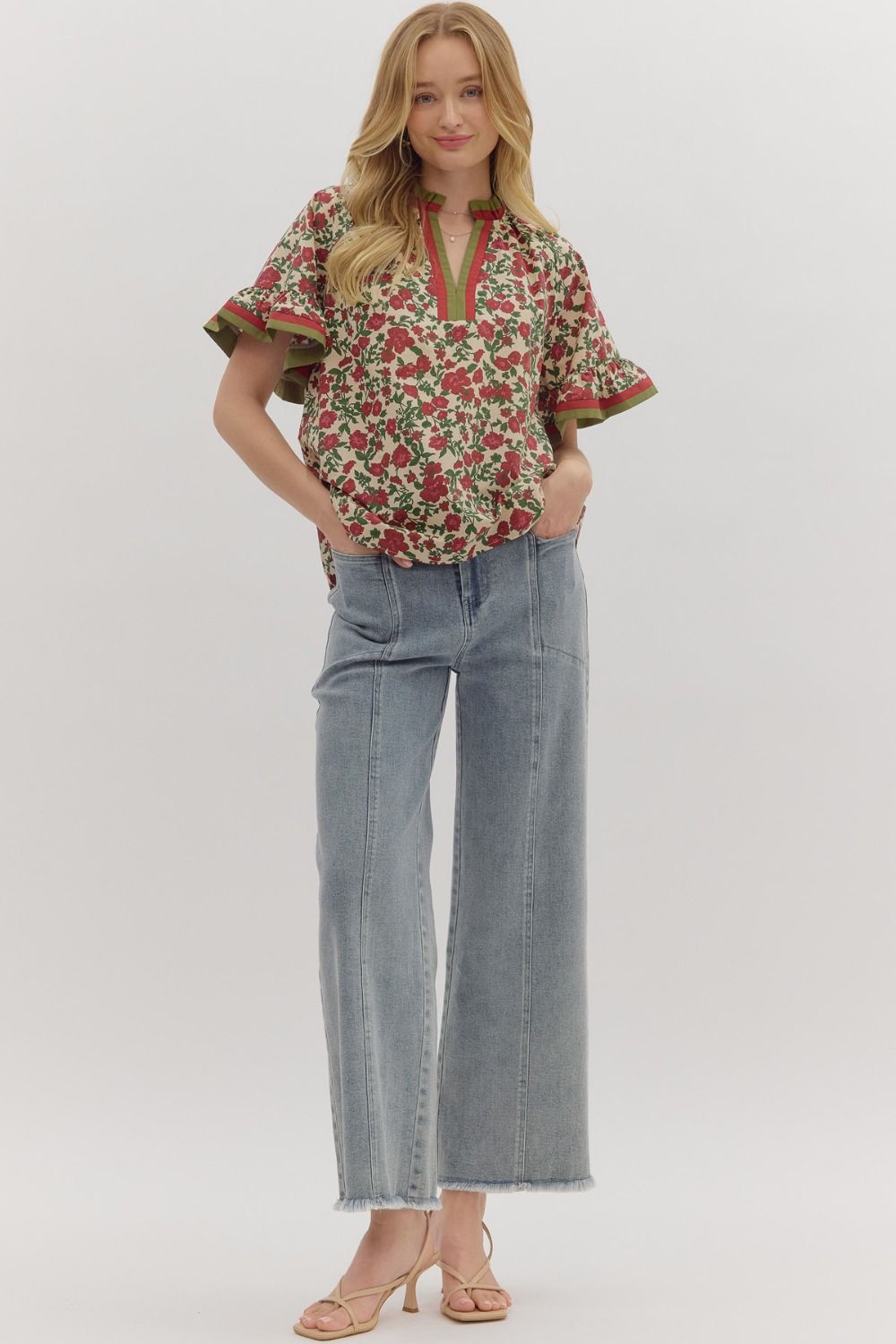 T28016 Floral Print Short Ruffle Sleeve Top