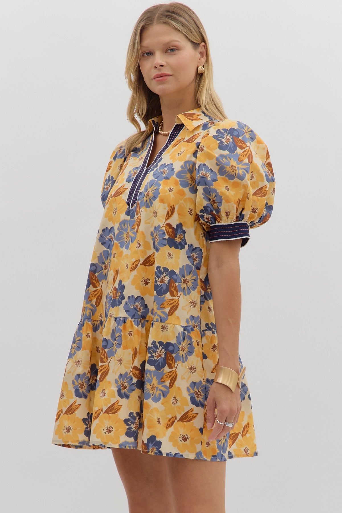 D27992 Floral Print Bubble Sleeve Mini Dress