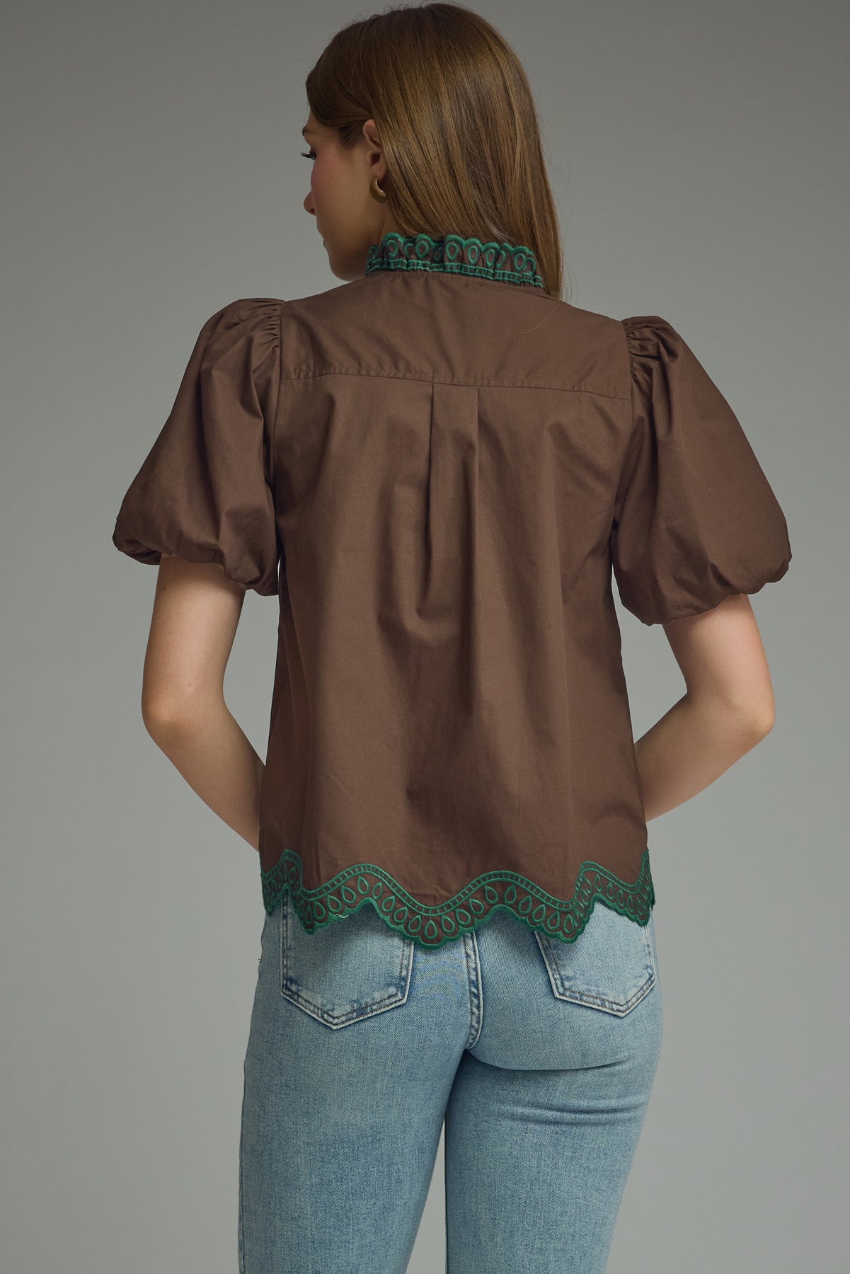 T31792 Embroidered Scallop Trim Detail Top