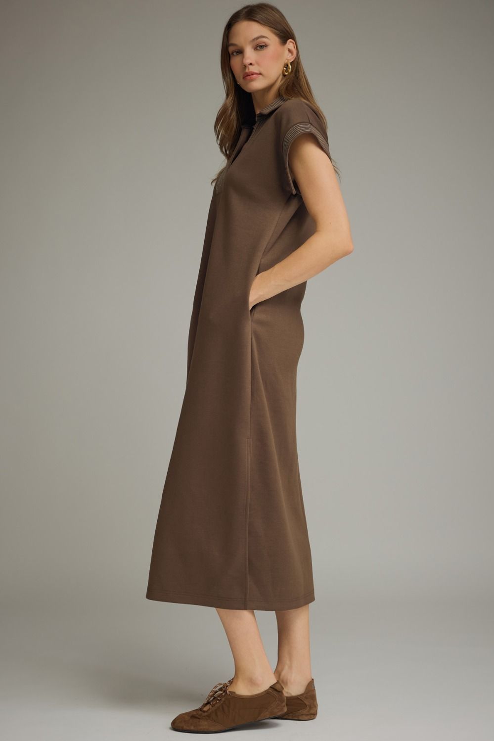 D31769 Solid Collared Midi Dress