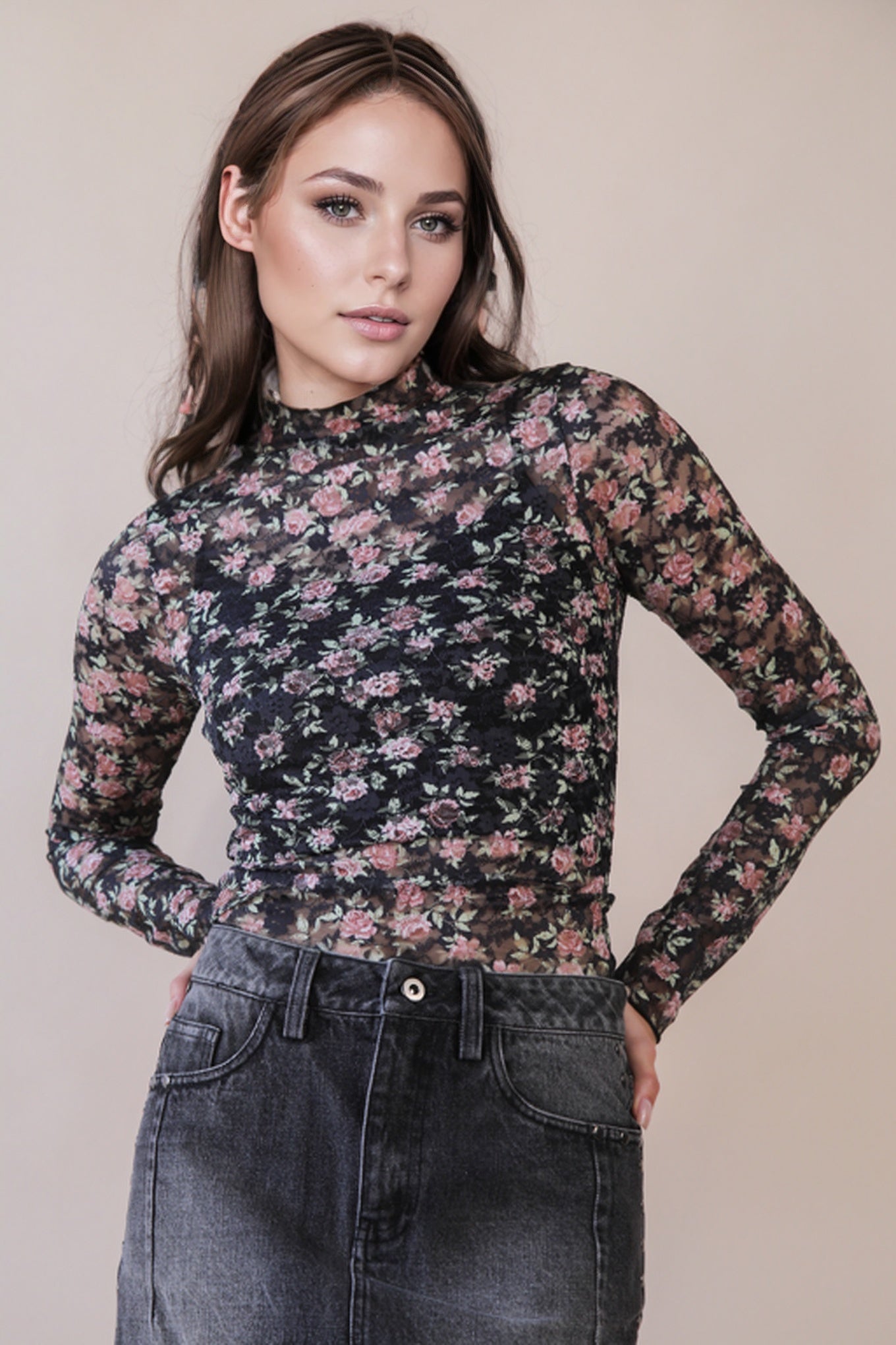 NT12220 Fitted Sheer Mesh Lace Top