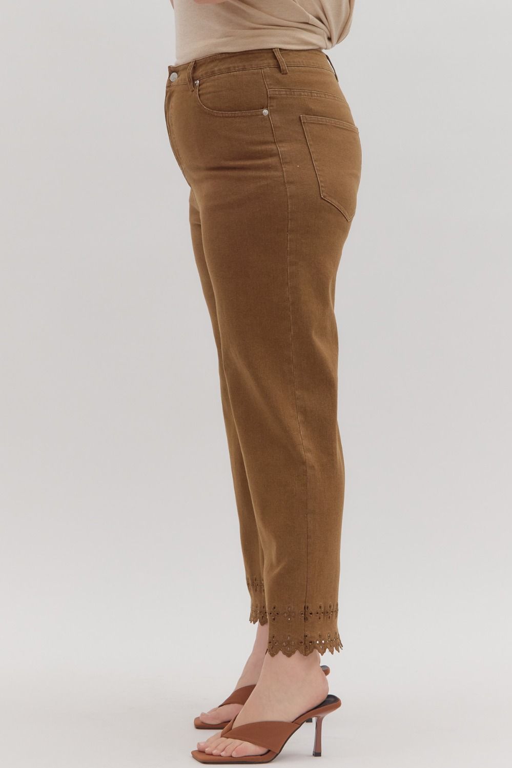 P26396P Curvy Floral Embroidered Border Hem Pants