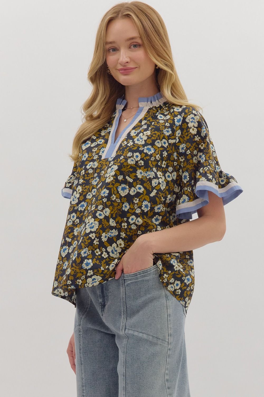 T28016 Floral Print Short Ruffle Sleeve Top