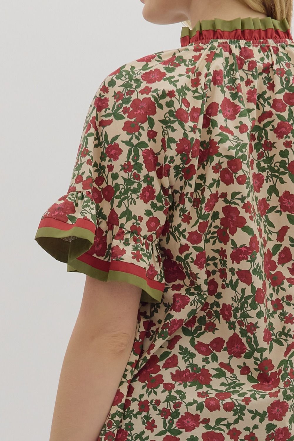 T28016 Floral Print Short Ruffle Sleeve Top