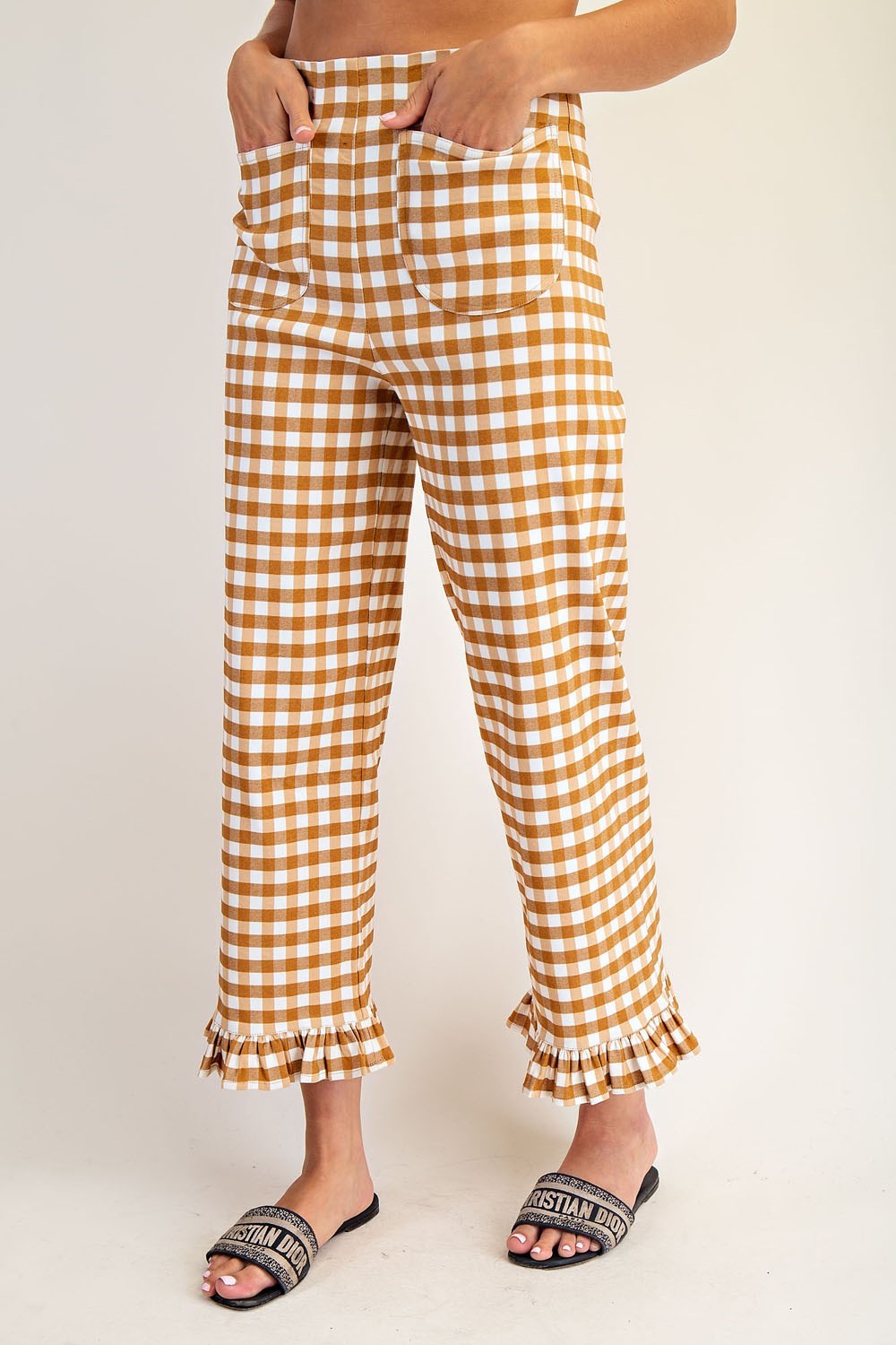 PK14573 Gingham Ruffle Trim Straight Leg Pants