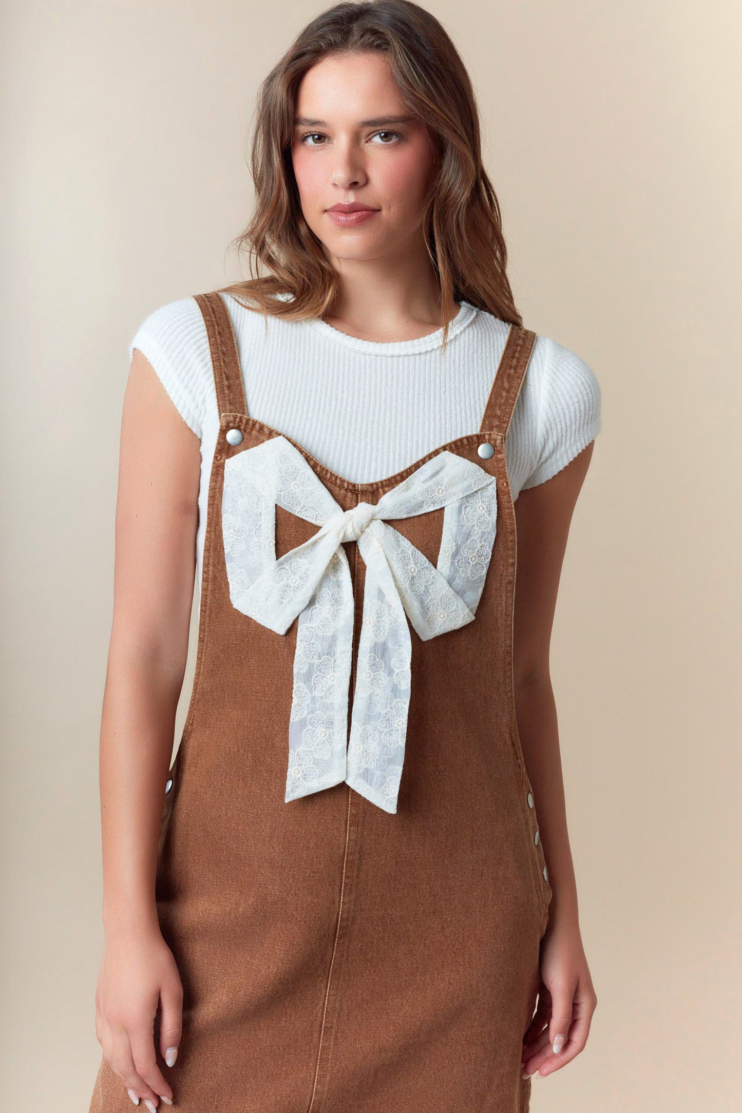 IFD65391-01 Ribbon Front Overall Dress