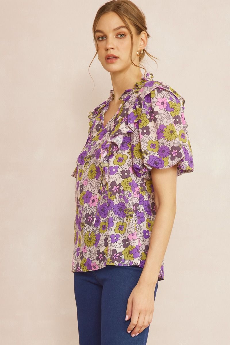 T21322 Floral Print V-Neck Top