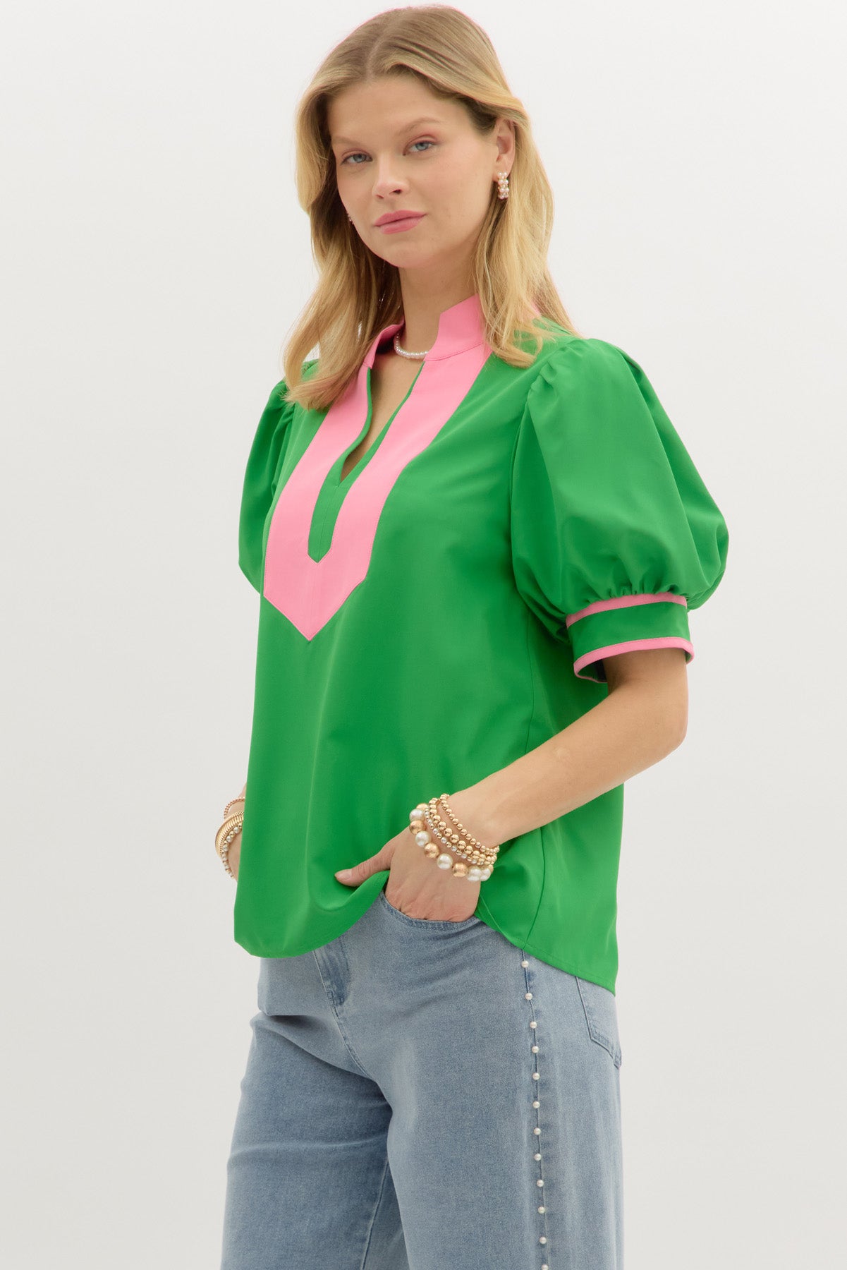 T27335 Solid Bubble Sleeve Top