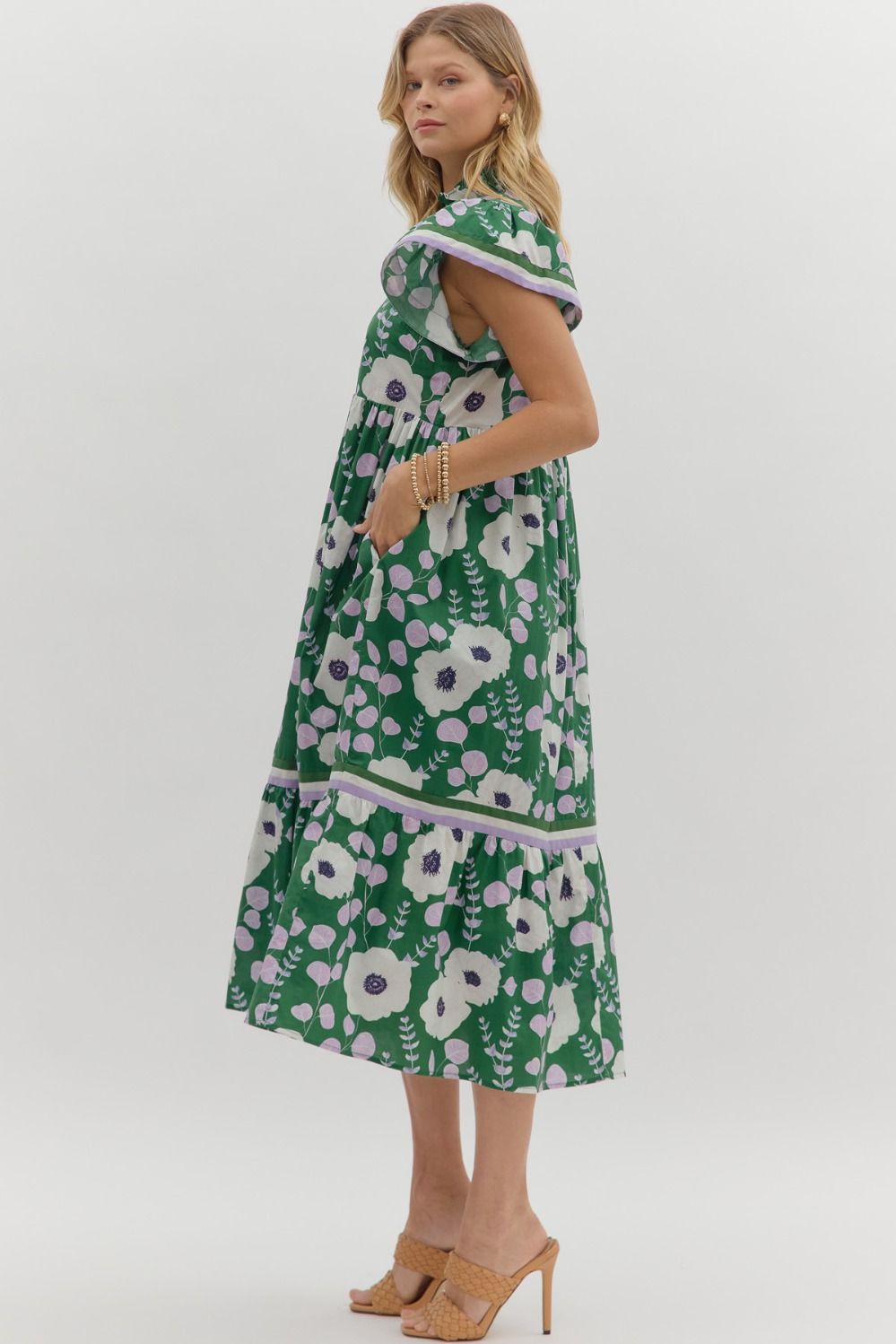 D28051 Floral Print Flutter Sleeve Midi Dress