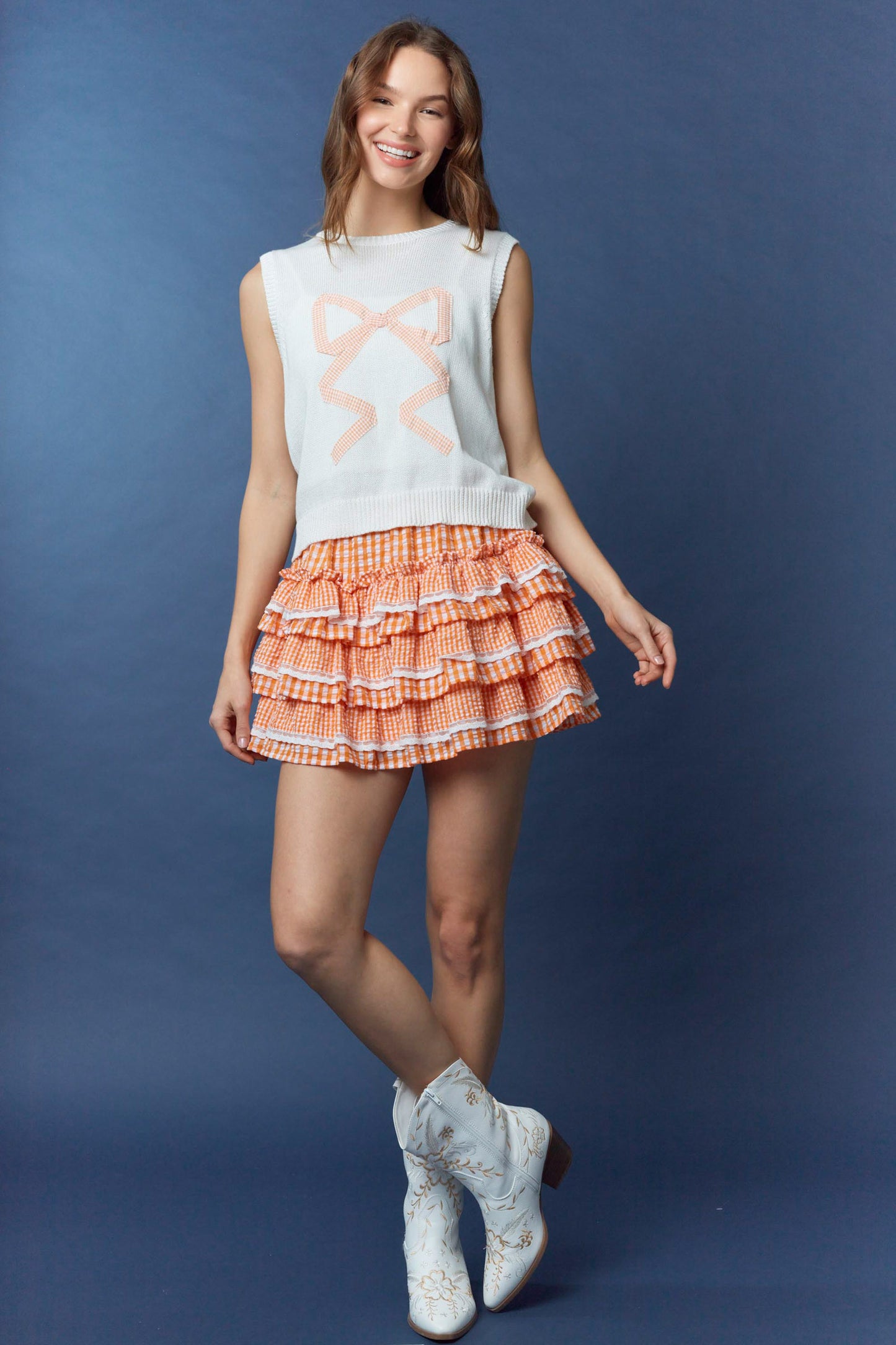 IKT300185-01 Gingham Bow Detail Sweater Vest