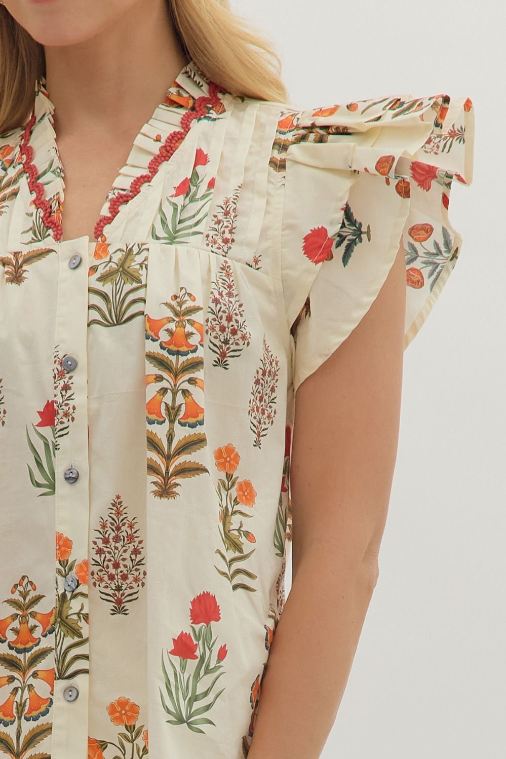 T28232 Botanical Print Flutter Sleeve Top