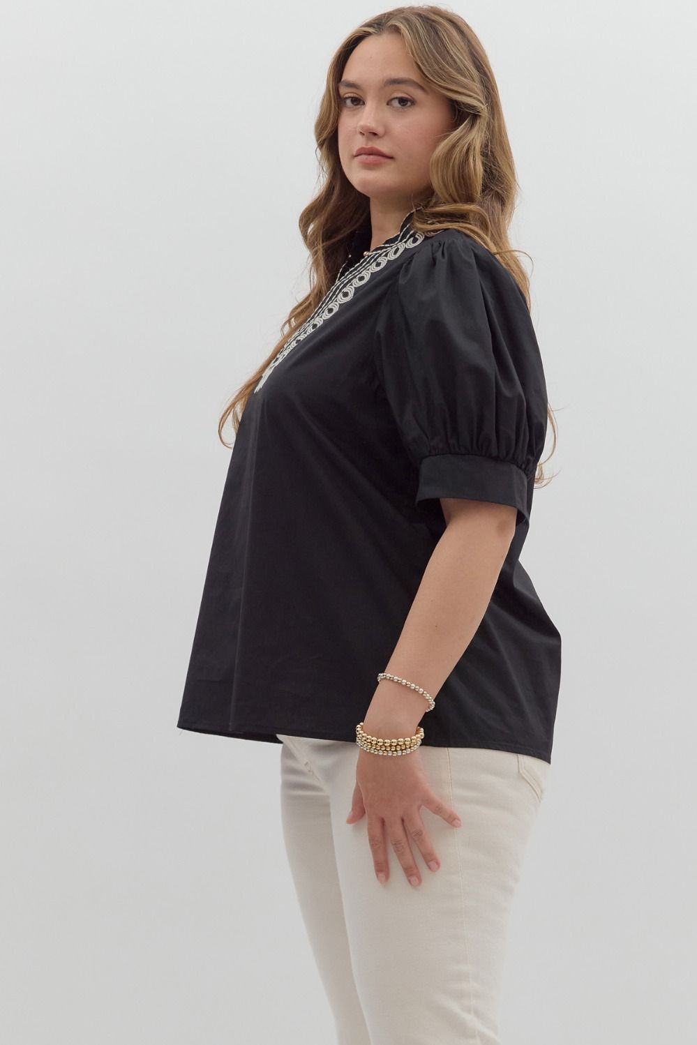 T27464P Curvy Solid Puff Sleeve Top