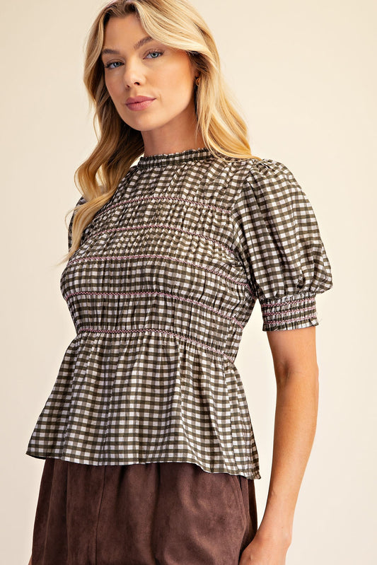 T9306 Plaid Smocked Puff Sleeve Top