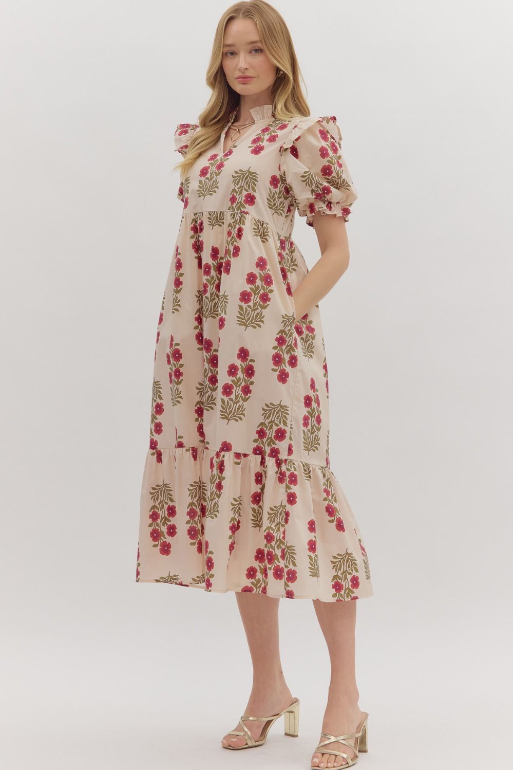 D28289 Floral Print Short Sleeve Midi Dress