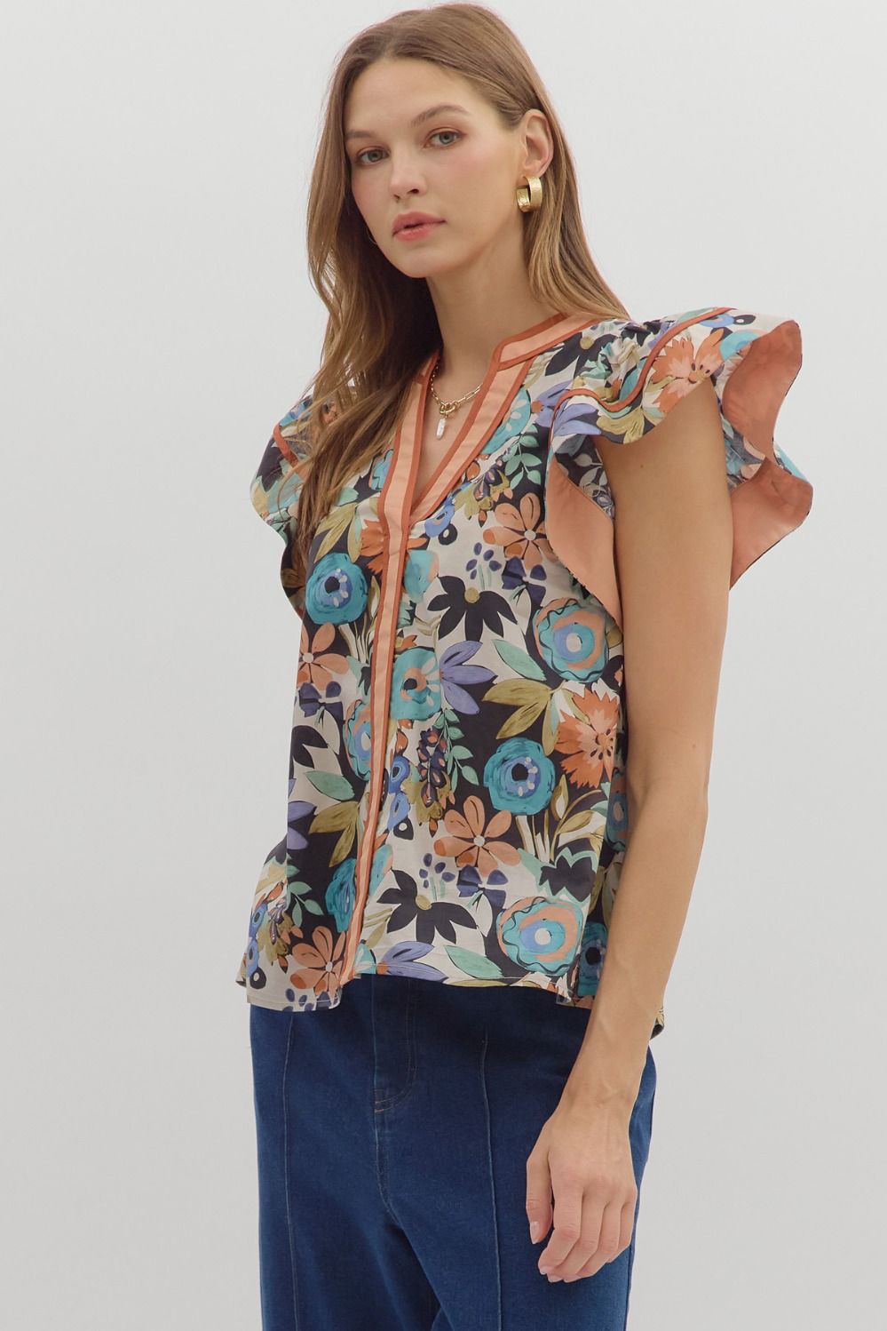 T28208 Multi Floral Print Top