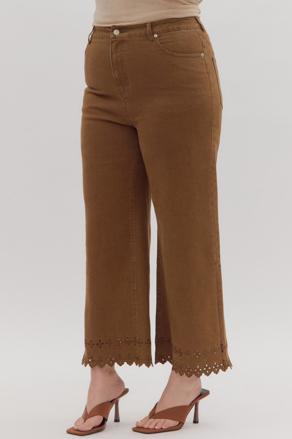 P26396P Curvy Floral Embroidered Border Hem Pants