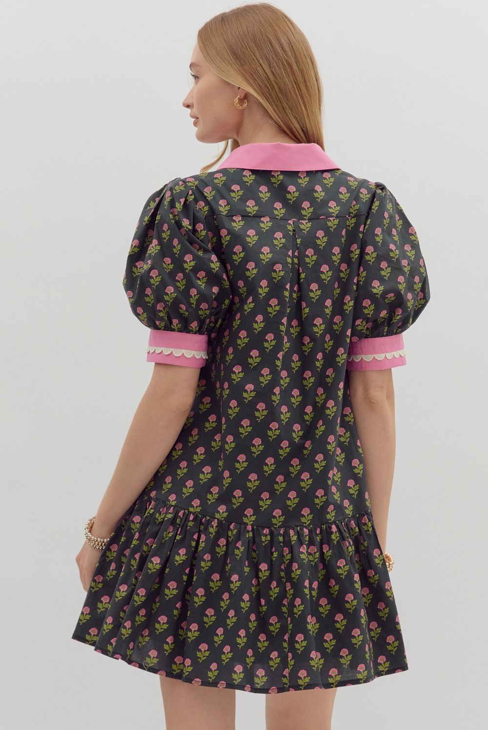 D27511 Floral Print Bubble Sleeve Dress