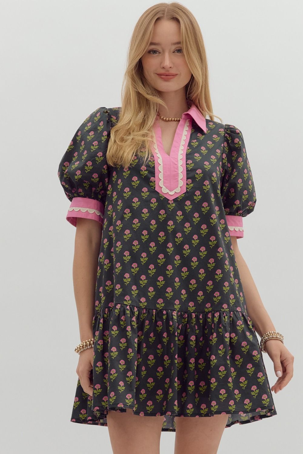 D27511 Floral Print Bubble Sleeve Dress