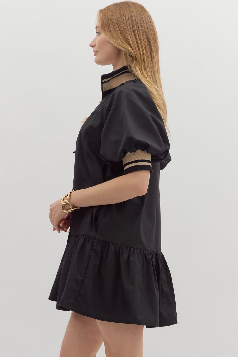 D27625 Solid Puff Sleeve Mini Dress