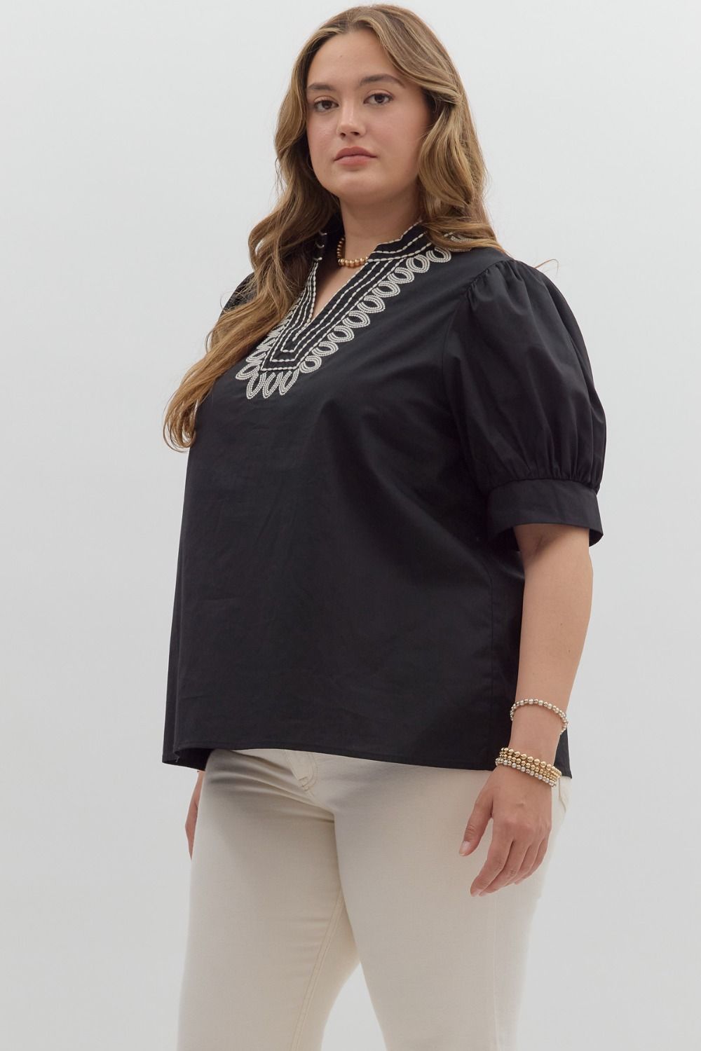 T27464P Curvy Solid Puff Sleeve Top