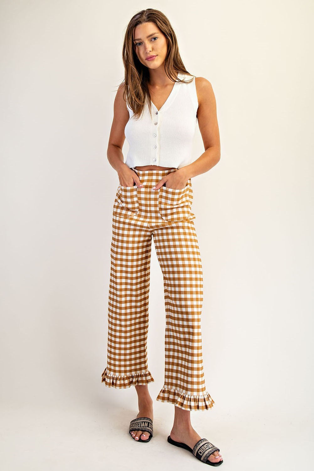 PK14573 Gingham Ruffle Trim Straight Leg Pants