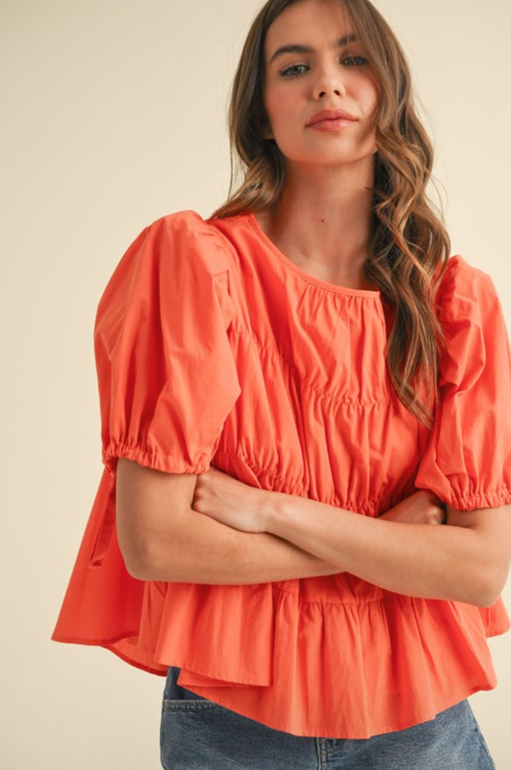 MTP3081 Tiered Shirring Puff Sleeve Top