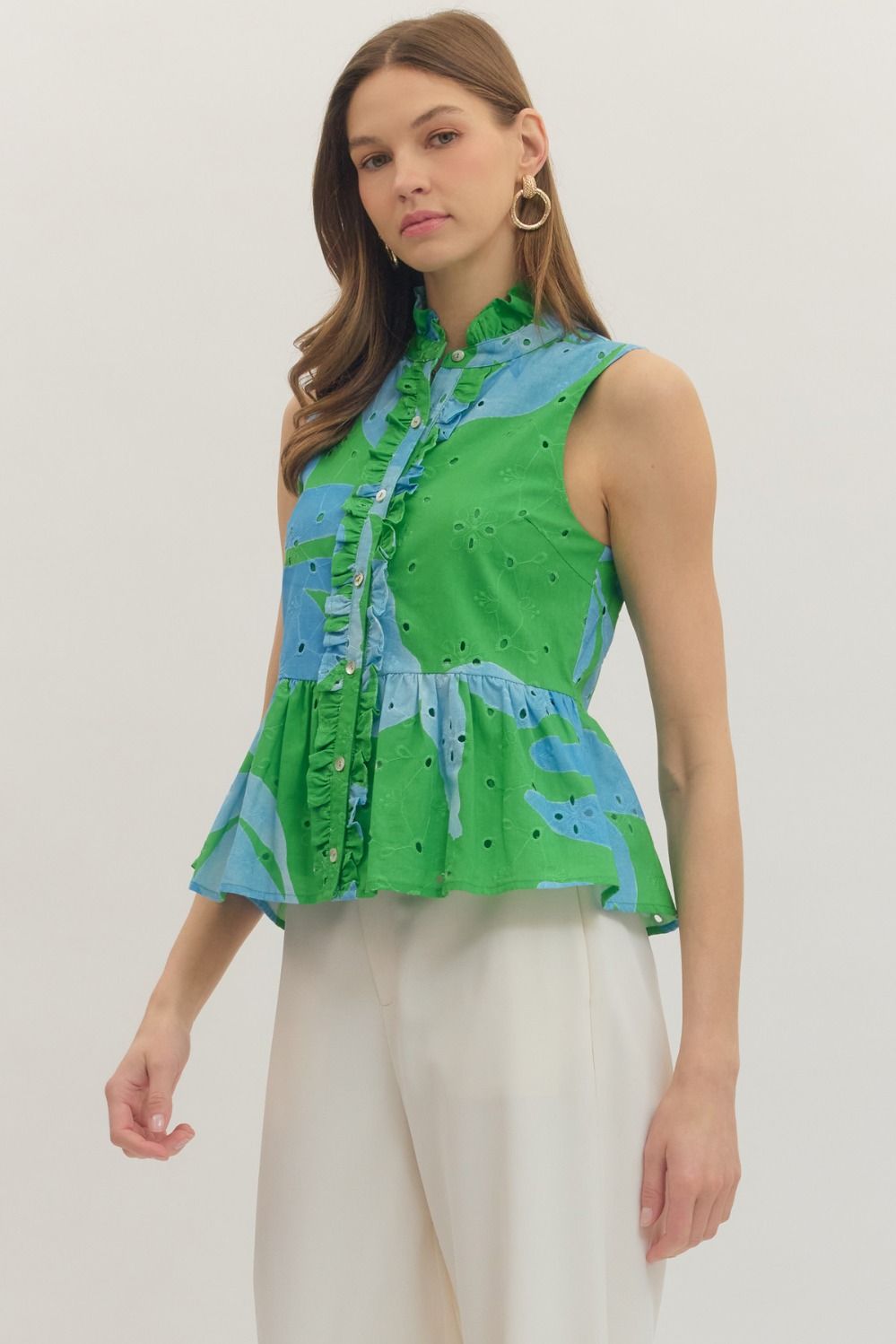 T30890 Botanical Print Sleeveless Peplum Top