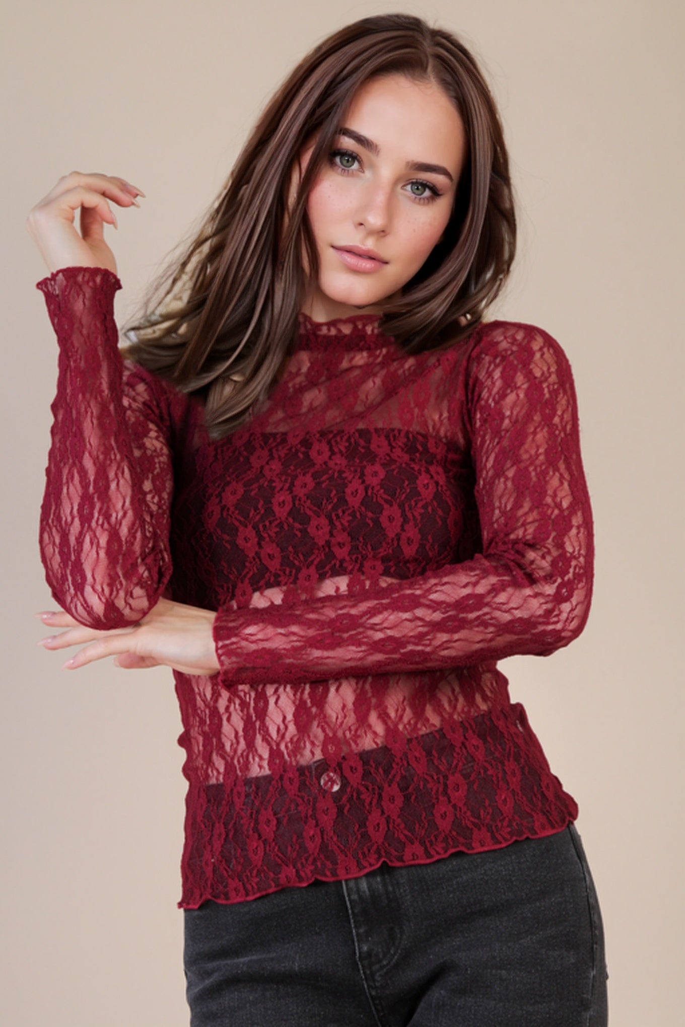 NT12220 Fitted Sheer Mesh Lace Top