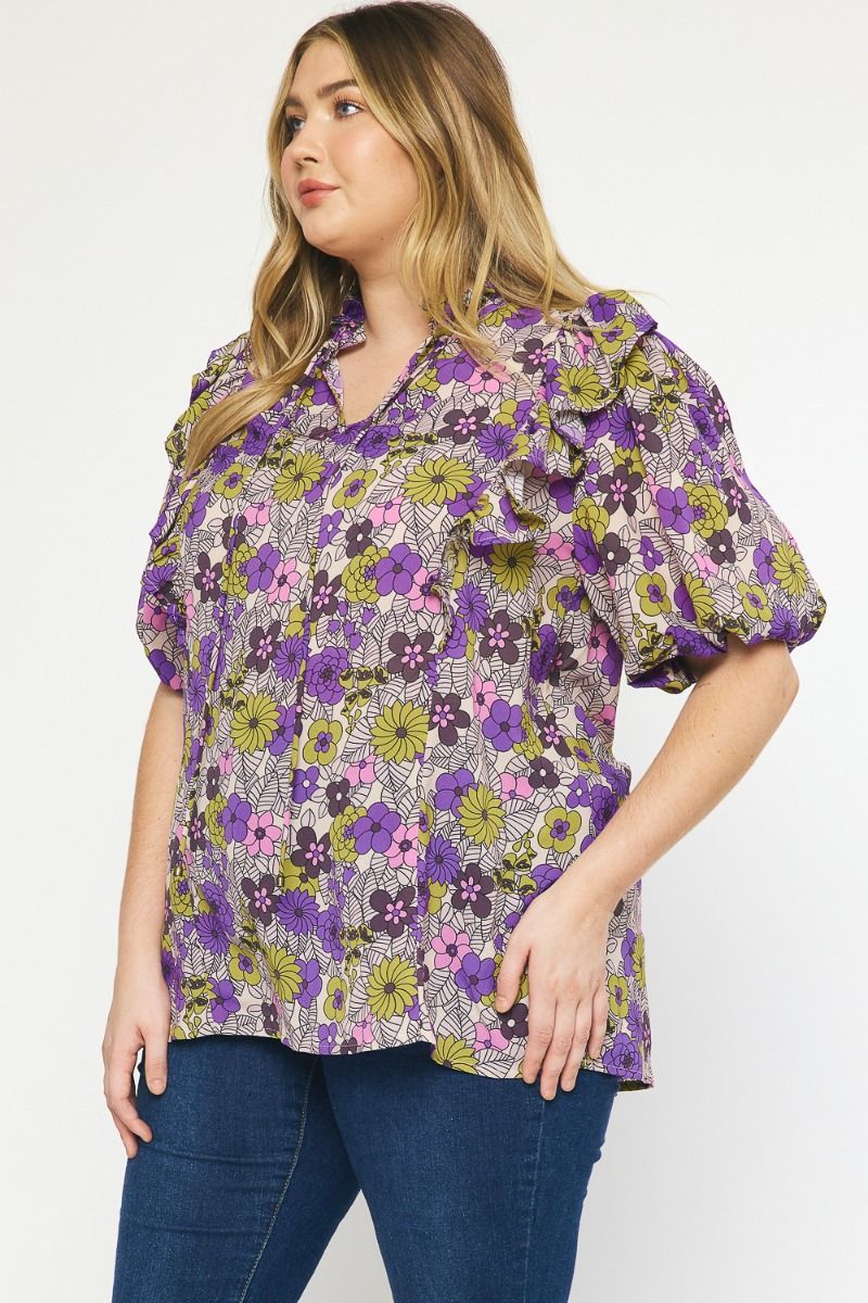 T21322P Curvy Floral Print V-Neck Top
