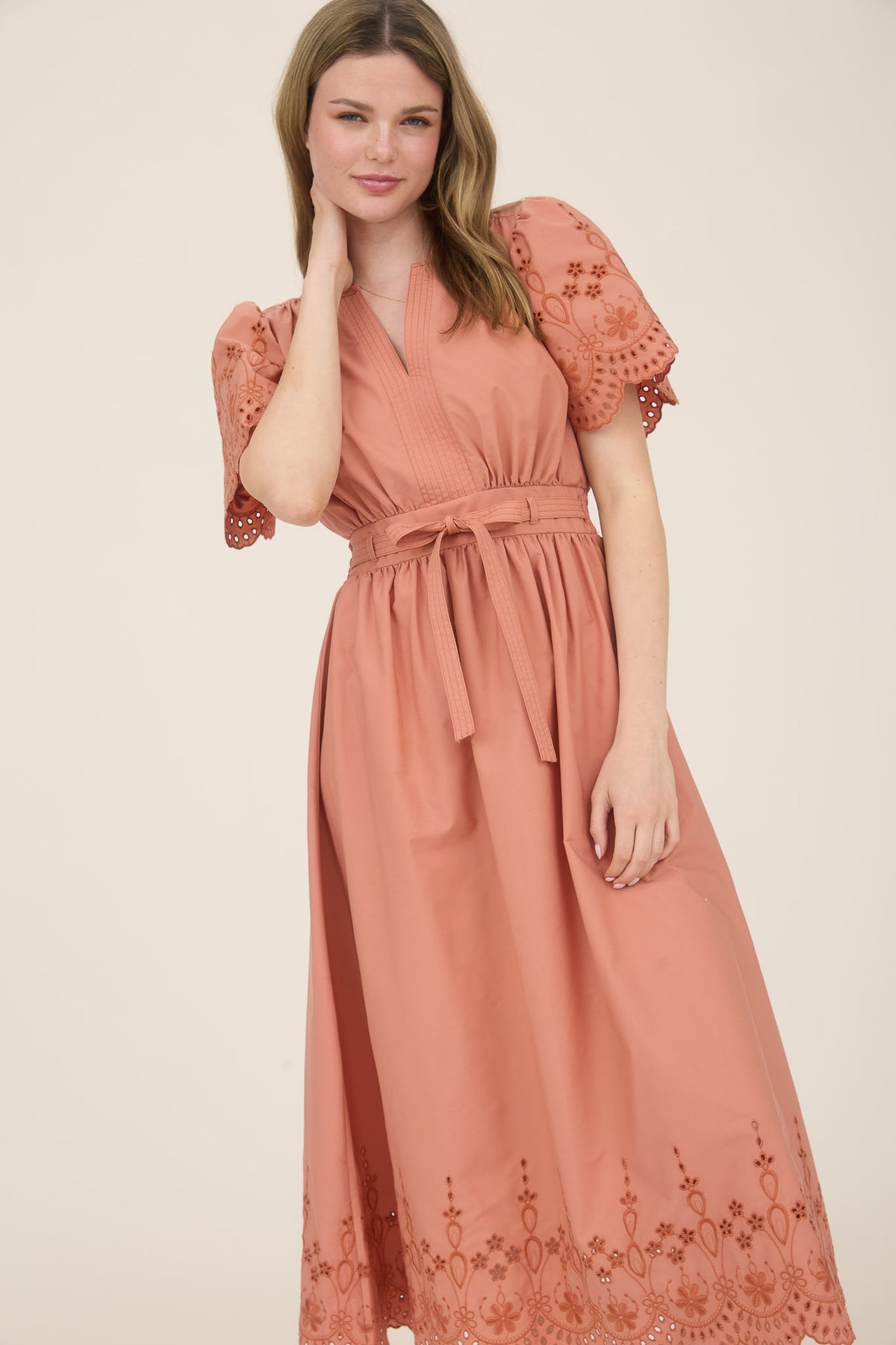 CR2569 Embroidery Detail Midi Dress