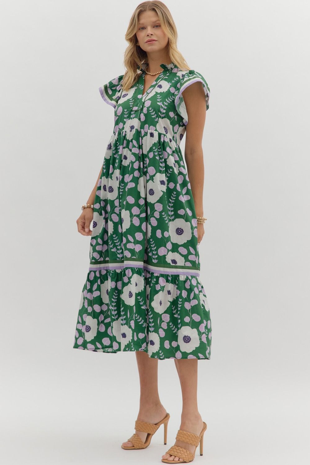 D28051 Floral Print Flutter Sleeve Midi Dress
