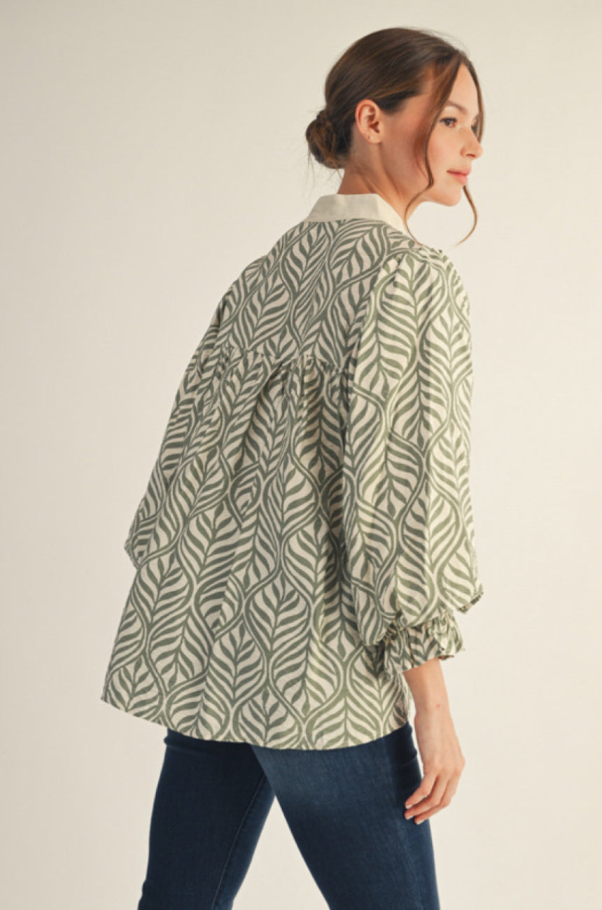 H50038 3/4 Sleeve Boho Leaf Print Top