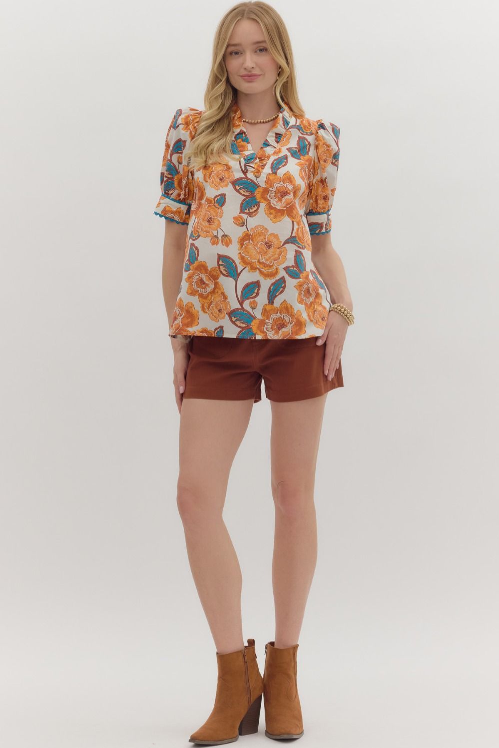 T27329 Floral Print Contrast Trim Top