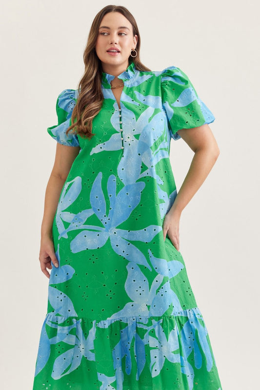 D30894P Curvy Botanical Print Eyelet Midi Dress
