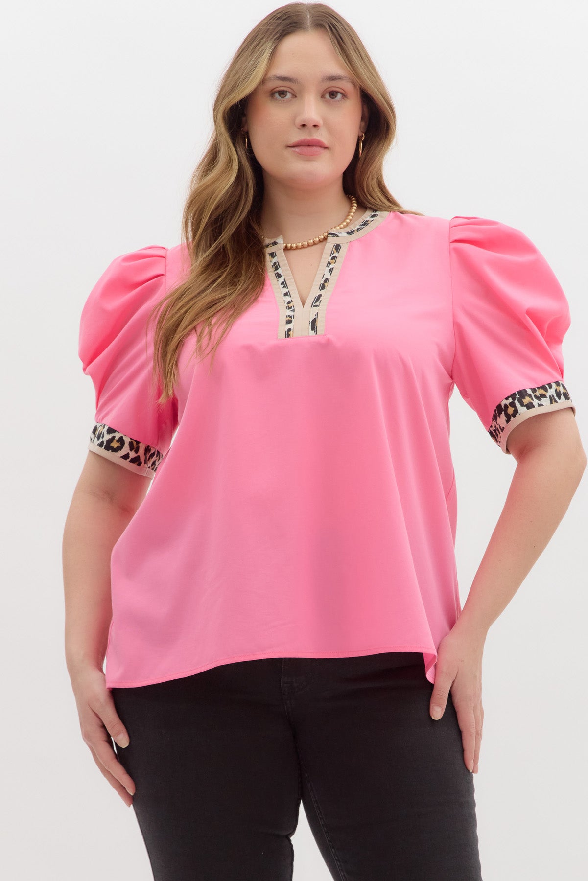 T26719P Curvy Solid and Leopard Print Top