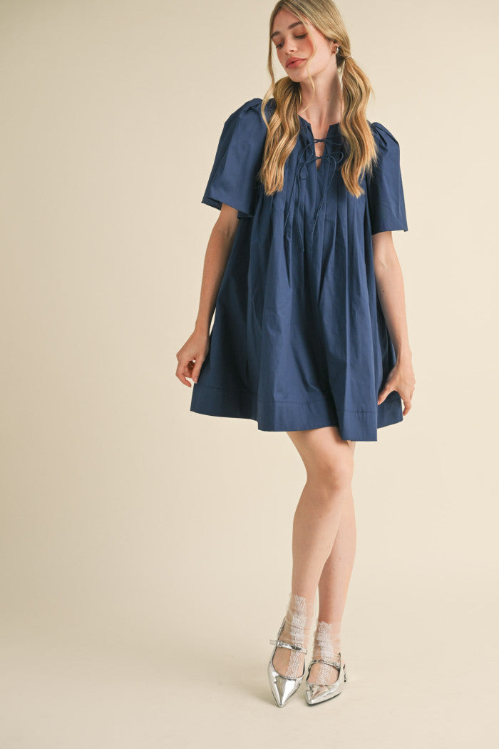 MDR3704 Pleated Short Sleeve Mini Dress