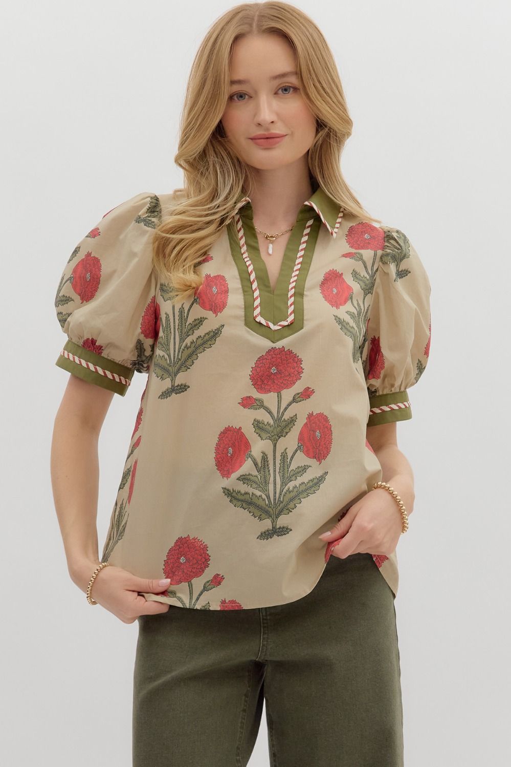 T27875 Floral Bubble Sleeve Top