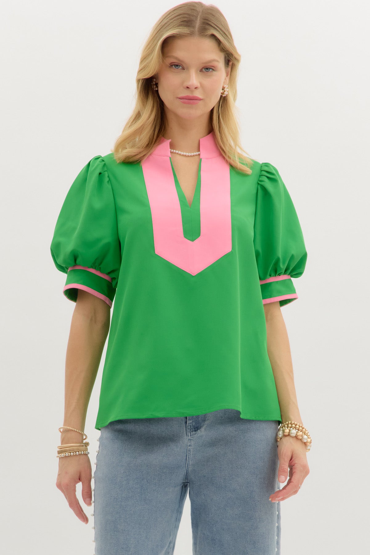 T27335 Solid Bubble Sleeve Top