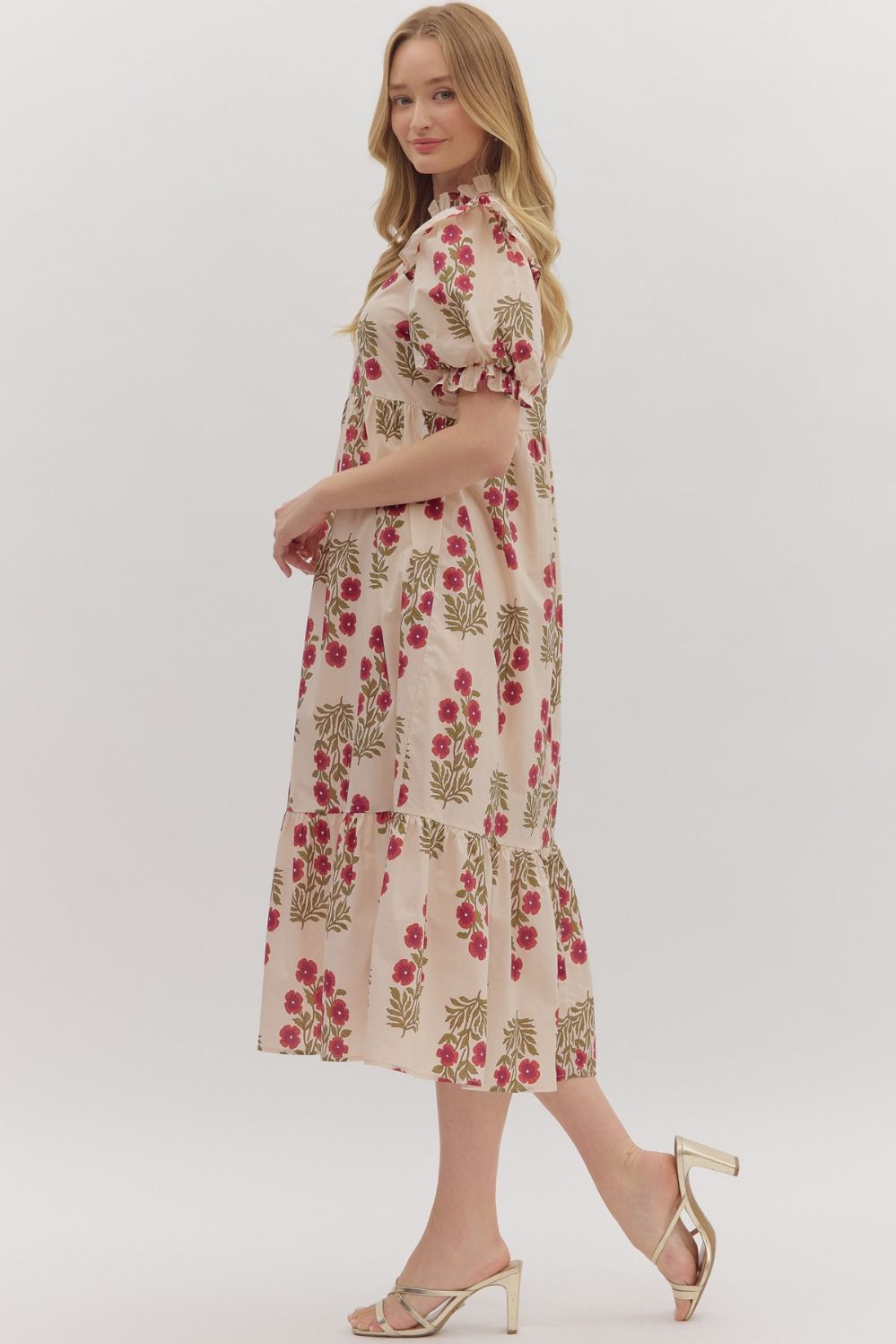 D28289 Floral Print Short Sleeve Midi Dress