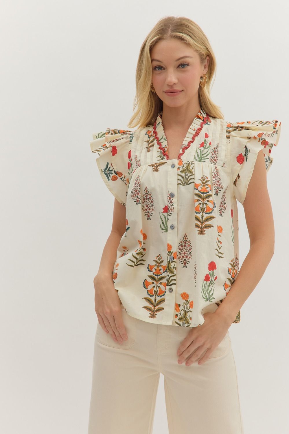 T28232 Botanical Print Flutter Sleeve Top